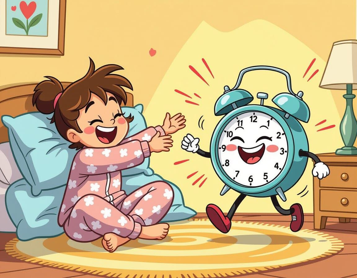 Sleepy Person Tosses Pillow at Laughing Alarm Clock