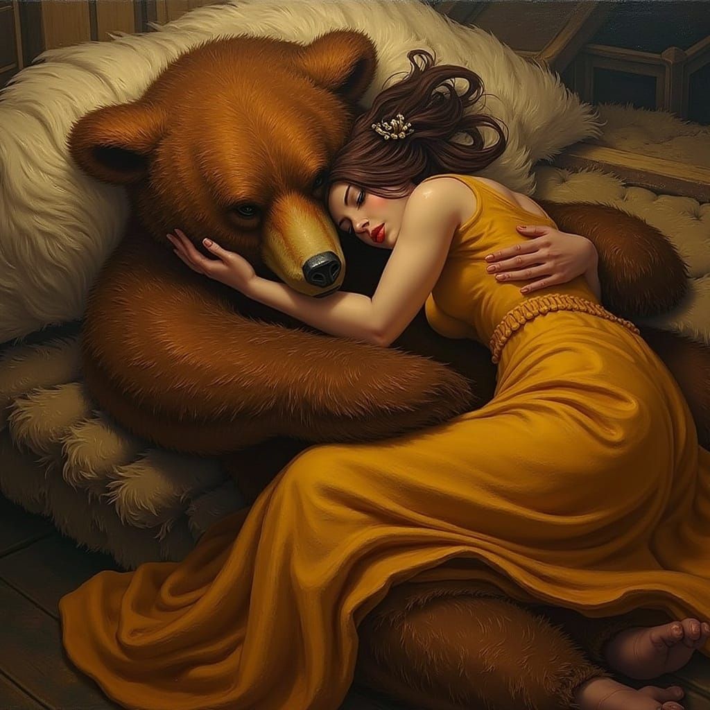 Woman Hugging Bear in Autumnal Fantasy Art