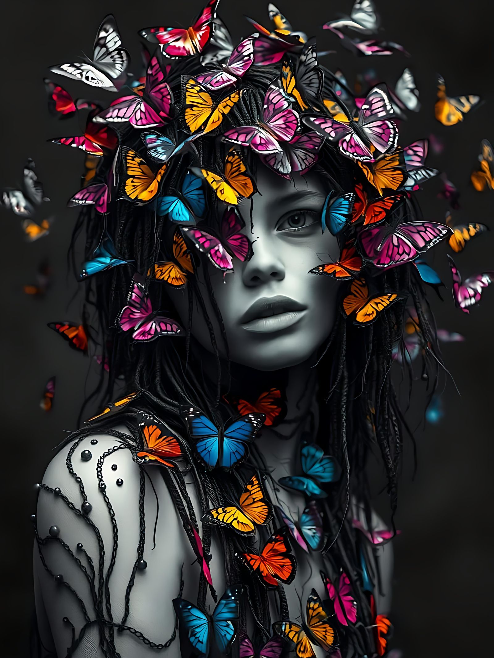 Girl Covered in Butterflies, Surreal Dark Fantasy Art