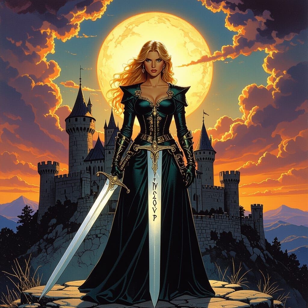 Ginevra Holds Sword Before Castle at Sunset