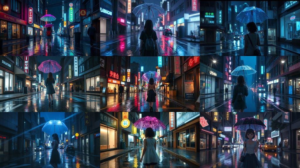 Lonely Girl on Rainy Neon Street at Night Anime Style
