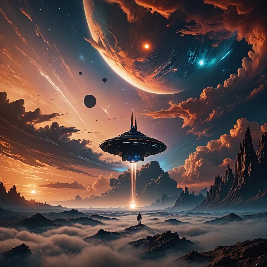 Cinematic Spaceship Descends on Alien Planet at Sunset