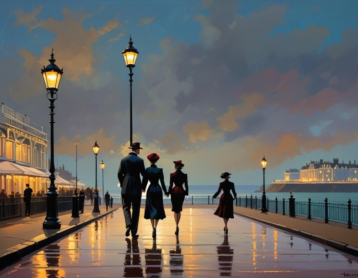 Victorian Couple Stroll: Seaside Oil Painting