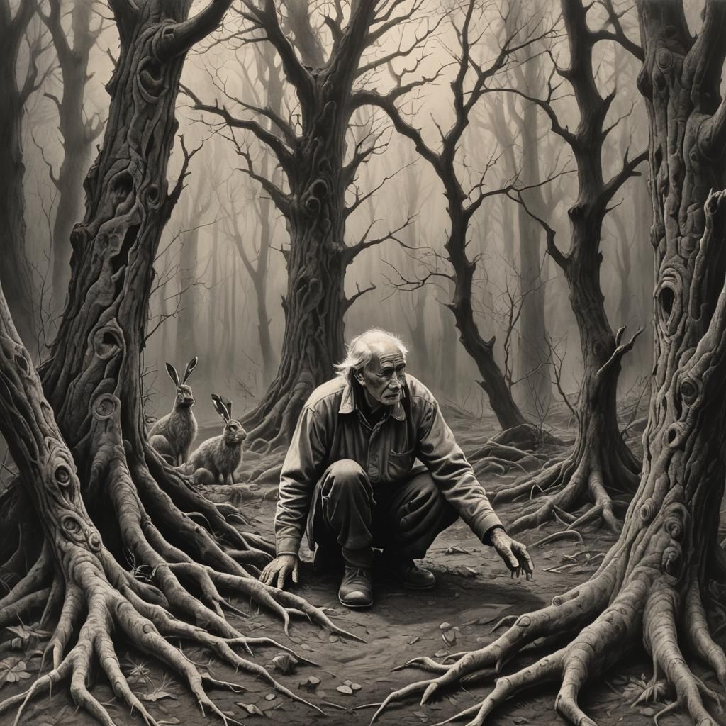 Charcoal Drawing of Grandfather Mazai and Hares