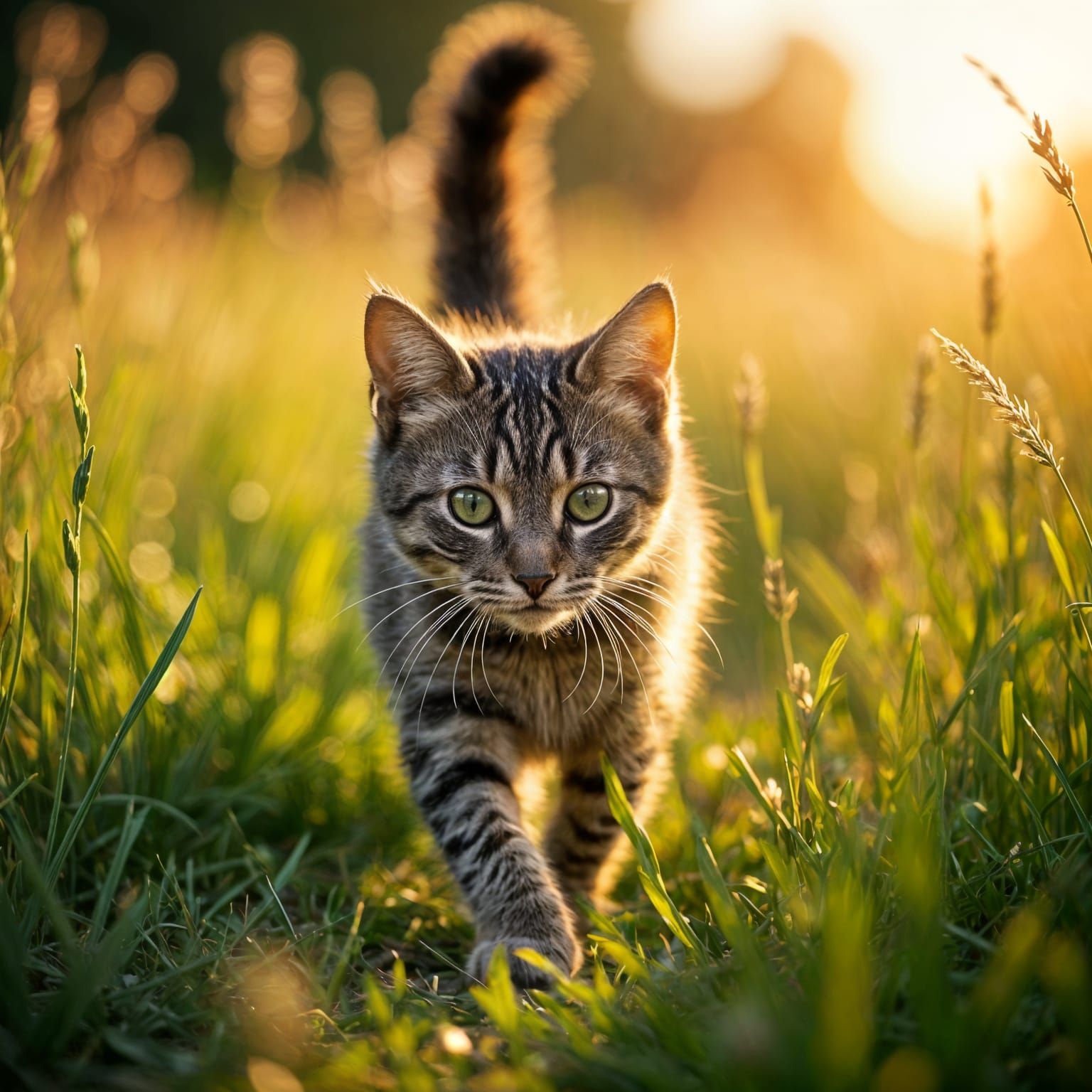 Cat Walking Through Grass at Golden Hour