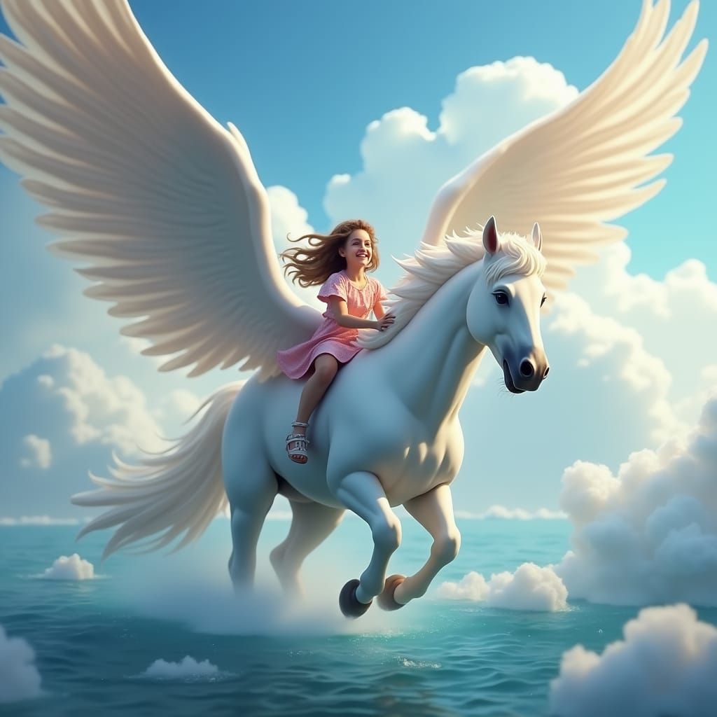 Winged Horse with Childlike Face Flying Over Sea