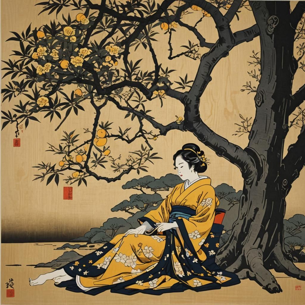 Japanese Woman Under Yuzu Tree in Ukiyo-e Style