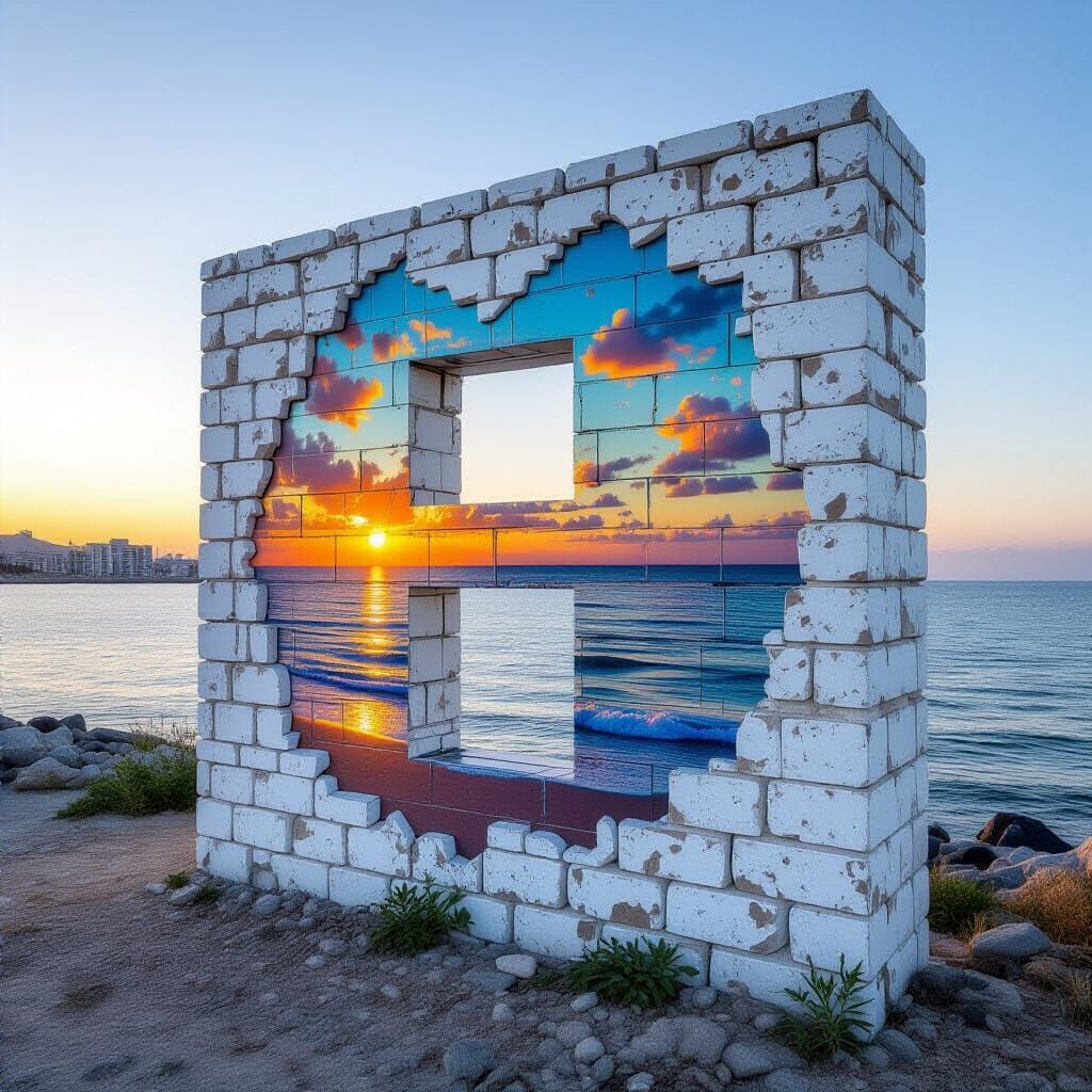 Old Brick Wall with Graffiti at Sunset
