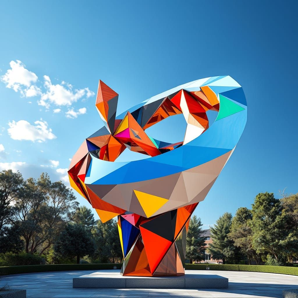 Twisting, Floating Sculpture in Hyper-Realistic Cubist Style
