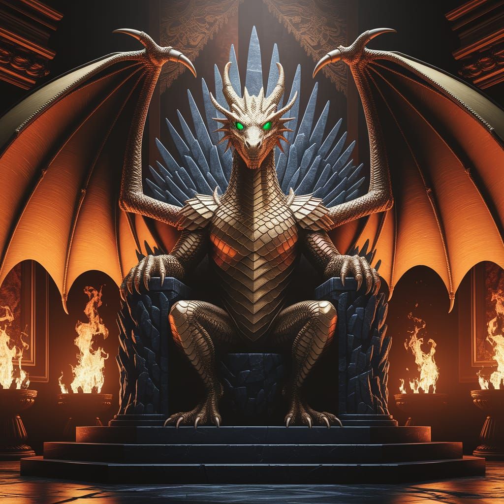 Majestic Golden Dragon King on Obsidian Throne