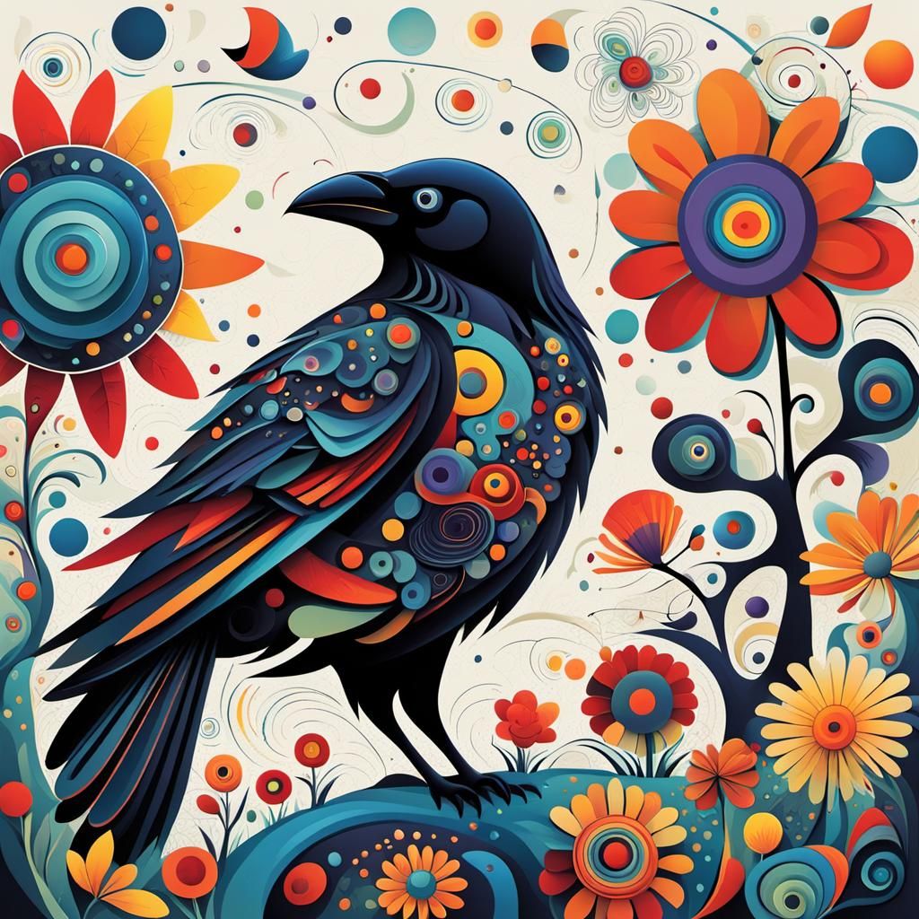 Crow and Cat in Flower Garden, Kandinsky Style