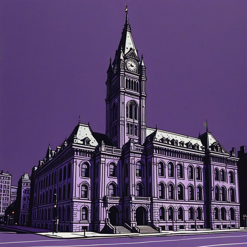 City Hall in Abstract Monochromic Linocut