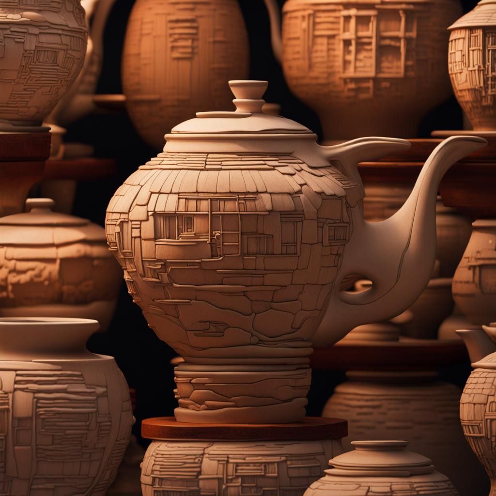 16k resolution, art by Hasui Kawase, Claude Monet, Syd Mead. Eccentric clay pottery in a futuristic, impressionistic gar...