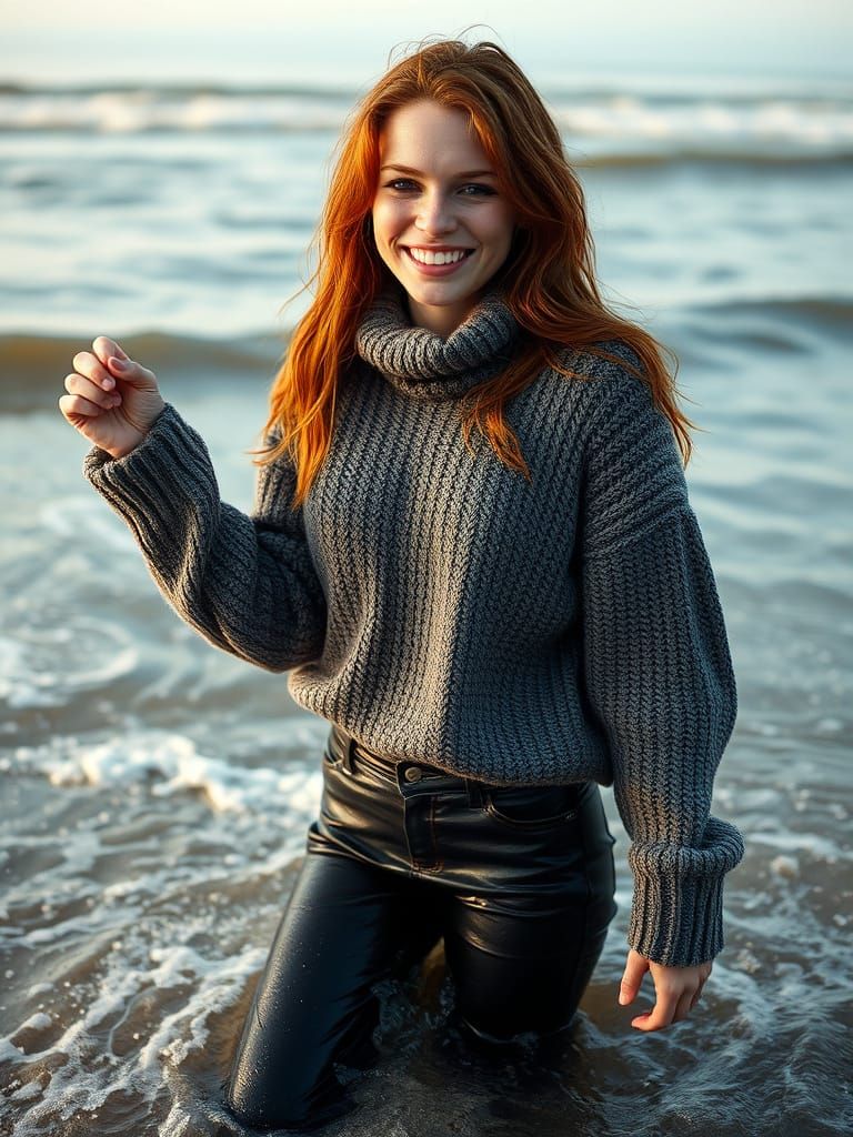 Ginger Woman Emerges from the Surf on a Cool Spring Morning