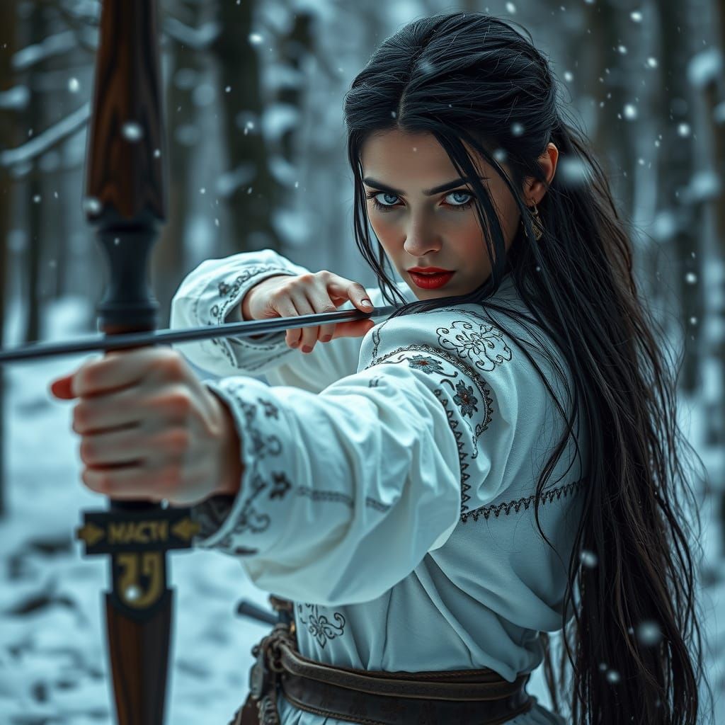 Menacing Woman Warrior in Snowy Forest, Cinematic Style
