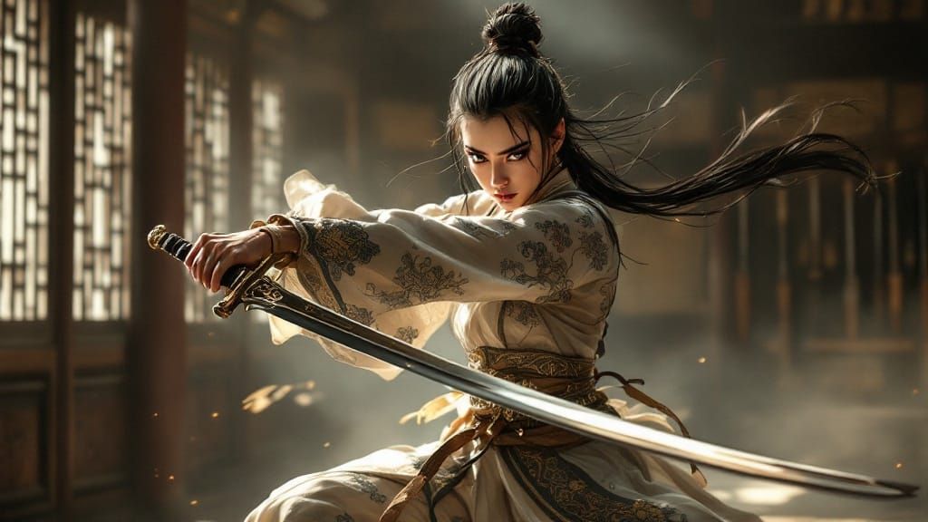 Elegant Warrior in Martial Arts Hall