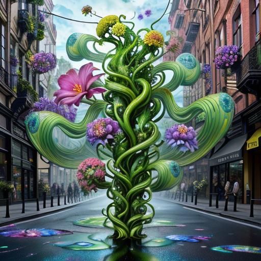 Flora Fantastica:  Giant, cartoonish flora erupts from the asphalt. Flowers bloom in impossible hues, their petals rippl...