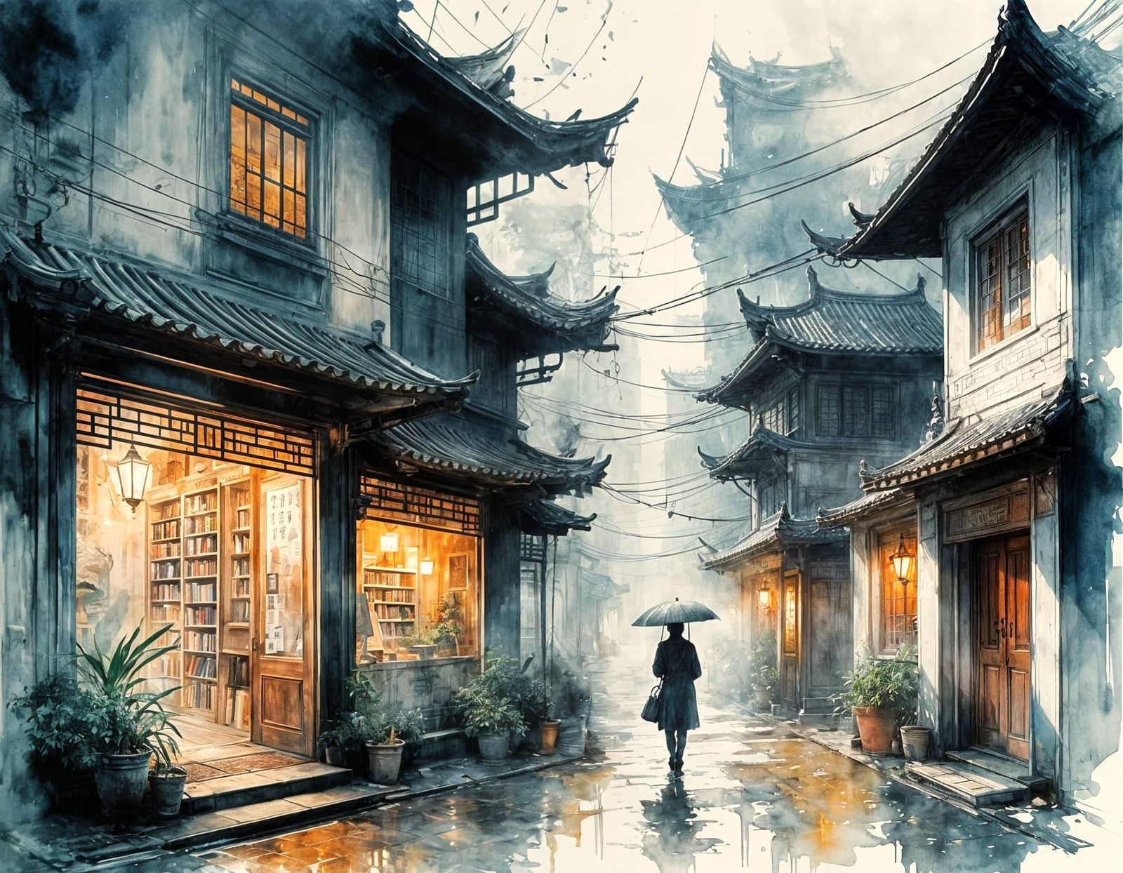 Chinese Ink Art Library on a Foggy Rainy Day