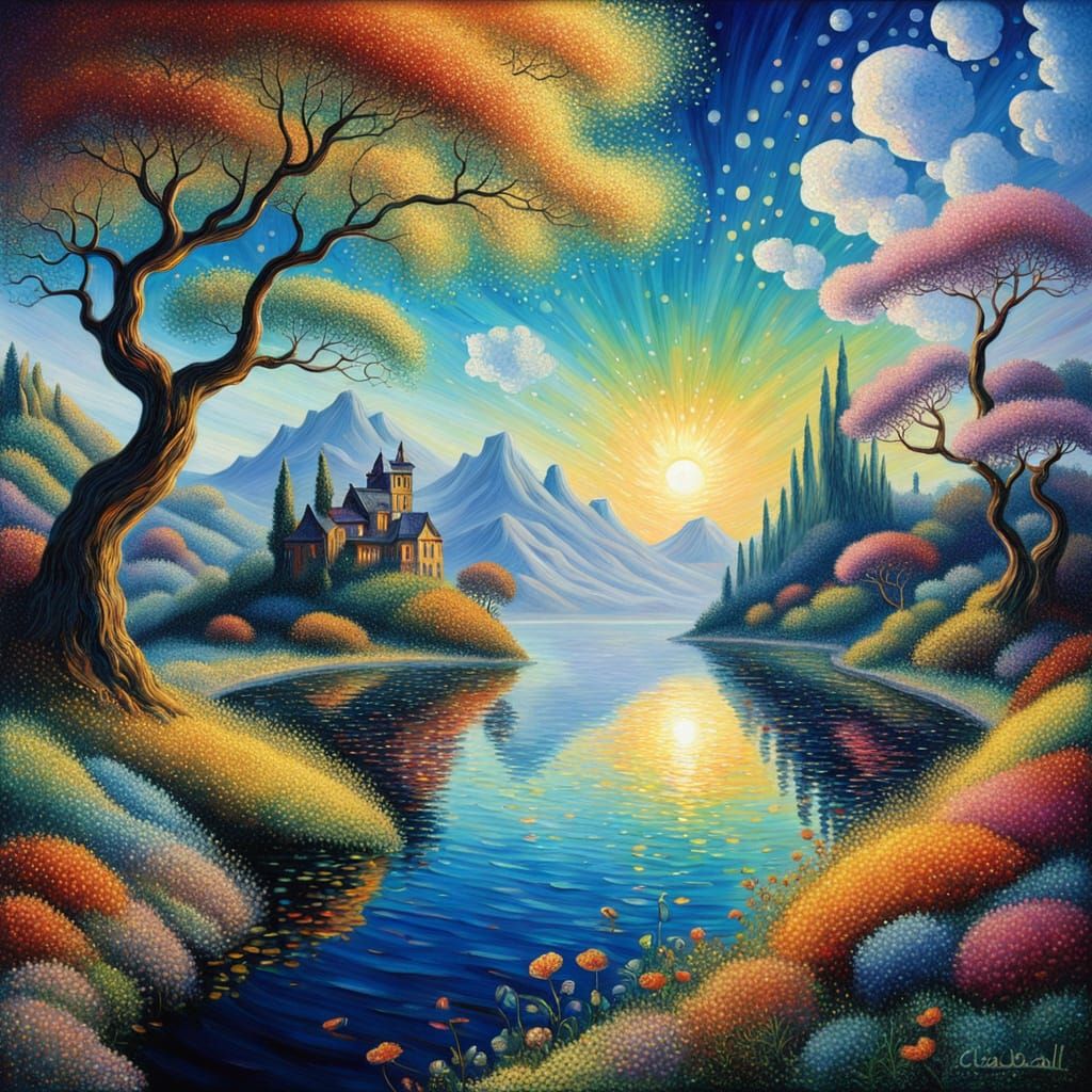 Dreamlike Utopian Landscape in Vibrant Oil Painting