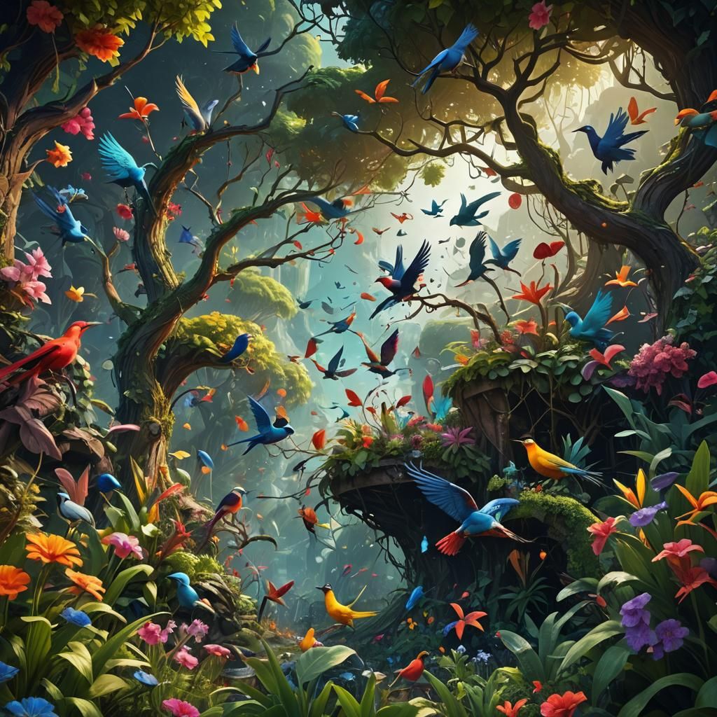 Abstract Birds in Garden of Eden: Detailed Matte Painting