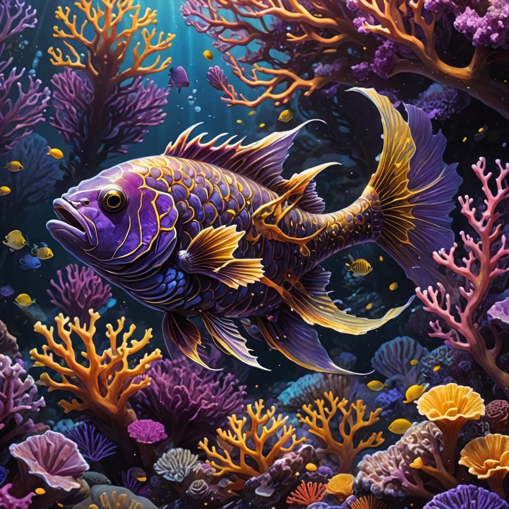 Beautiful Fish in Coral Reef: Dark Fantasy Concept Art