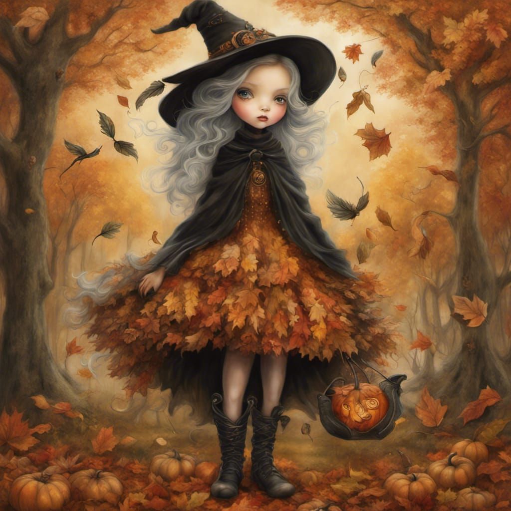Whimsical Witch in Autumnal Fantasy Landscape