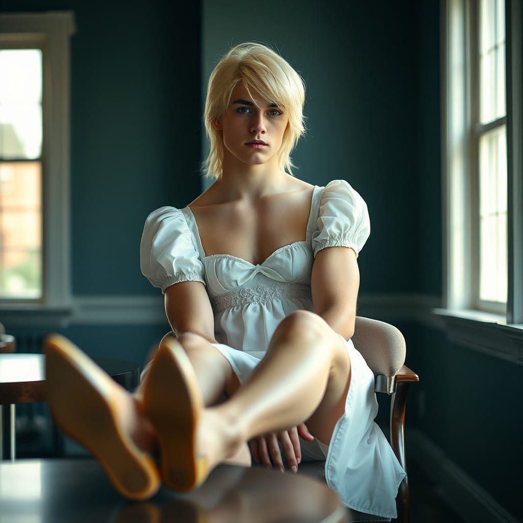 Confident Masculine Beauty in Elegant Babydoll Minidress