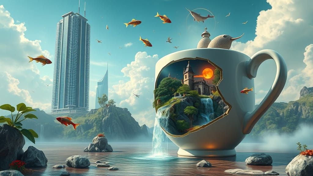 Surreal Coffee Mug Skyscraper with Fantasy Kingdom