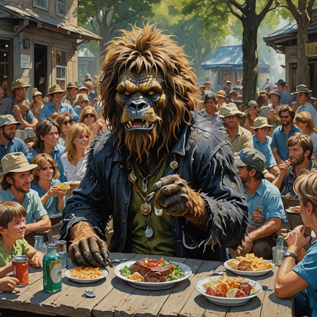 Shaggy Beast Having Lunch: Oil Painting