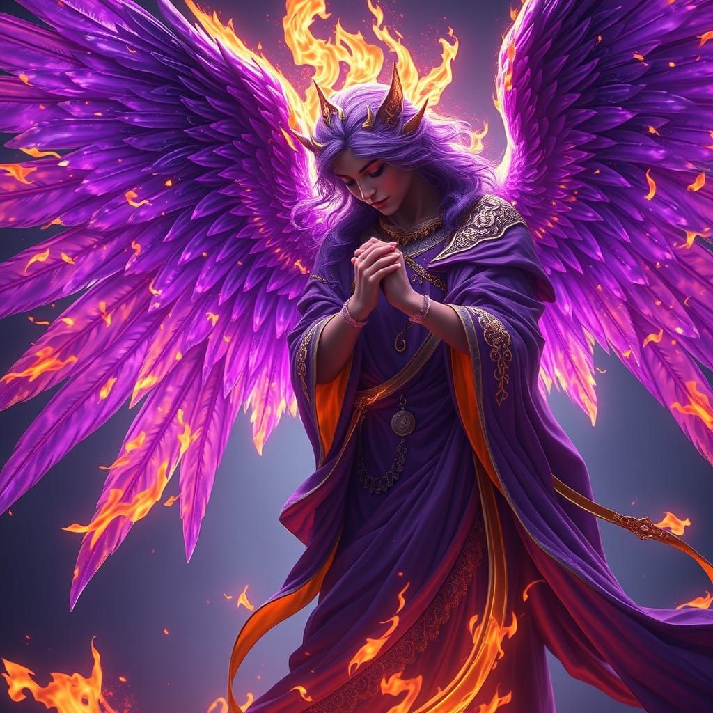 Majestic Purple Fire Angel in Dark Fantasy Art