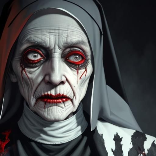 a creepy gory evil creepy ugly old nun with torn clothing wrapped around her withered body with blood shooting from her...