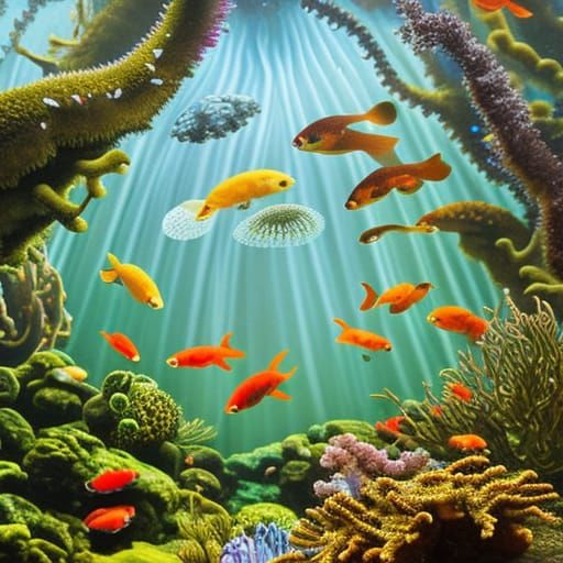 Underwater Cavern with Koi and Robot, Illustrated Style