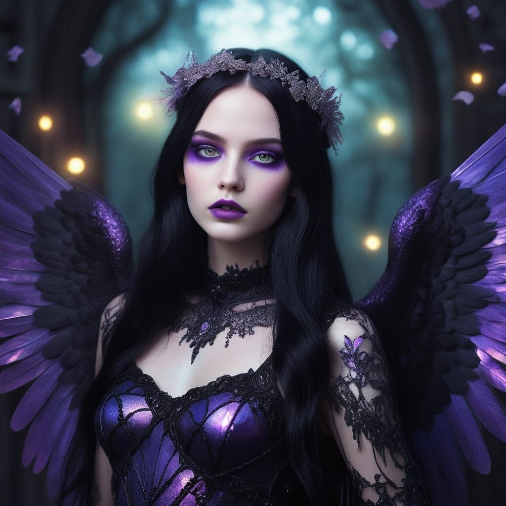 Ethereal Gothic angel with black hair and purple eyes with black eyeshadow with black eyeliner and purple lipstick and p...