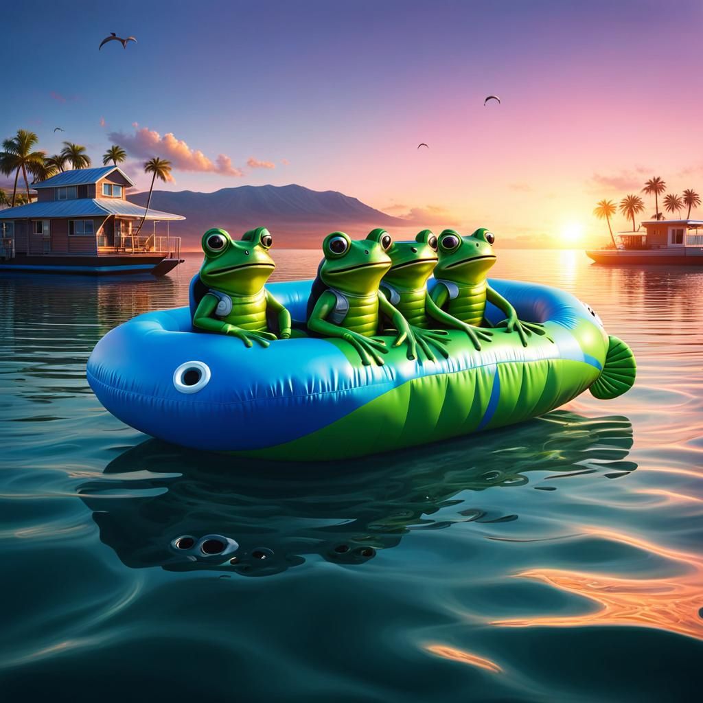 Sunset Cruise: Frog Aliens in a Lifeboat (Hyperrealistic)