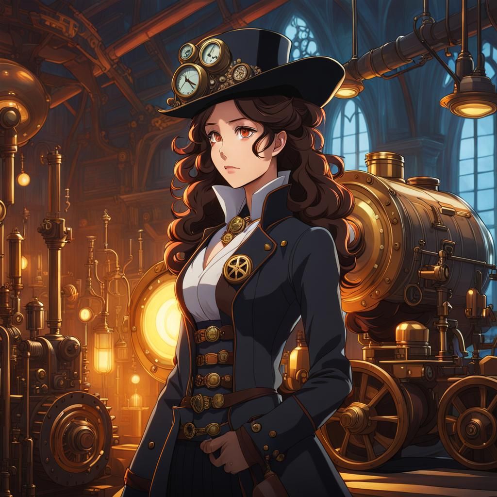 Steampunk Renaissance Portrait: Brunette Villain in Anime St...