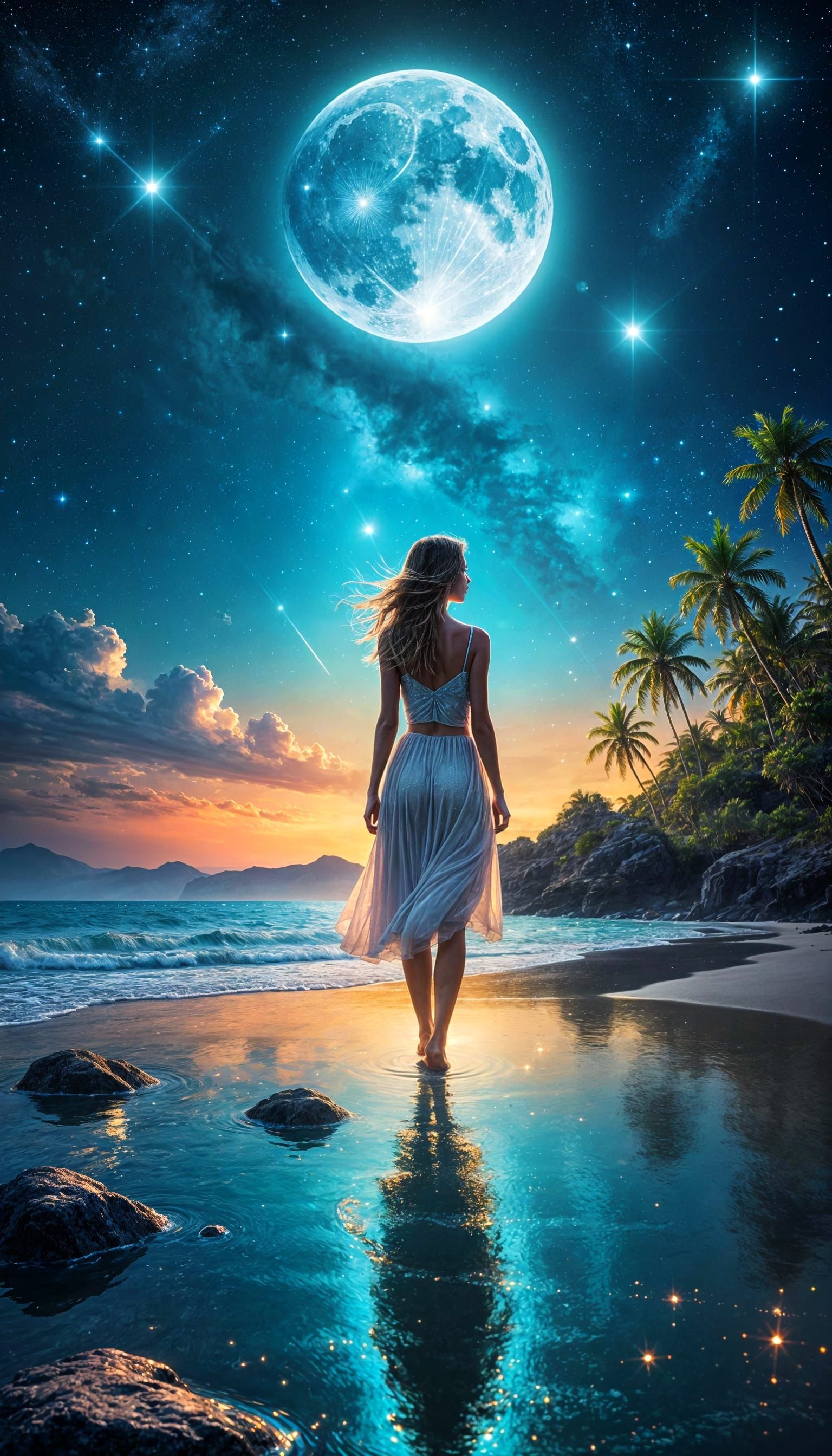 Impressionist Island Goddess Under a Sparkling Silver Moon