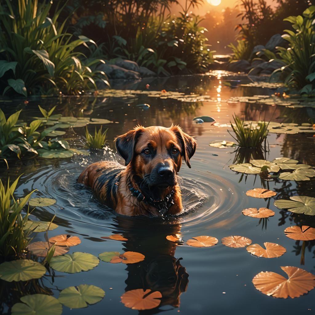 Dog Swimming in Pond at Sunset: Photorealistic Art