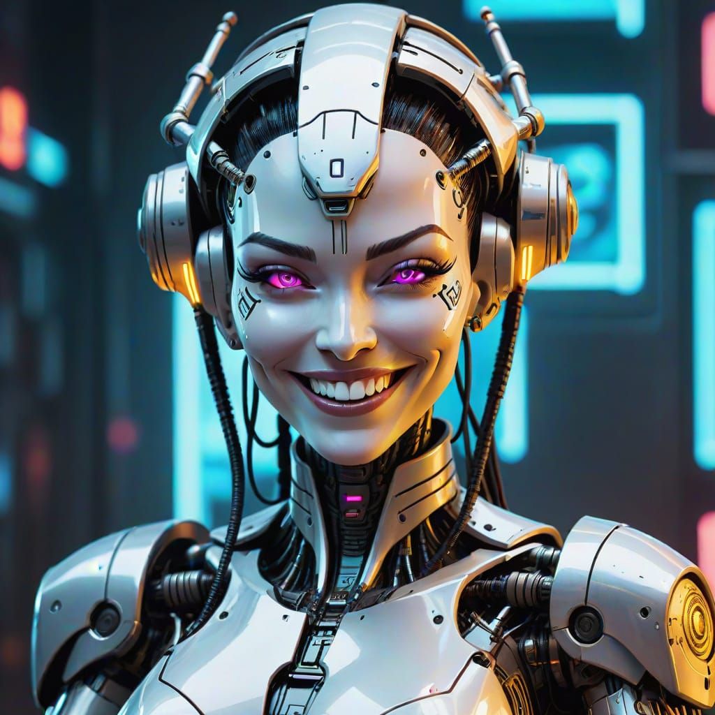 Cyberpunk Robot Goddess Smiling