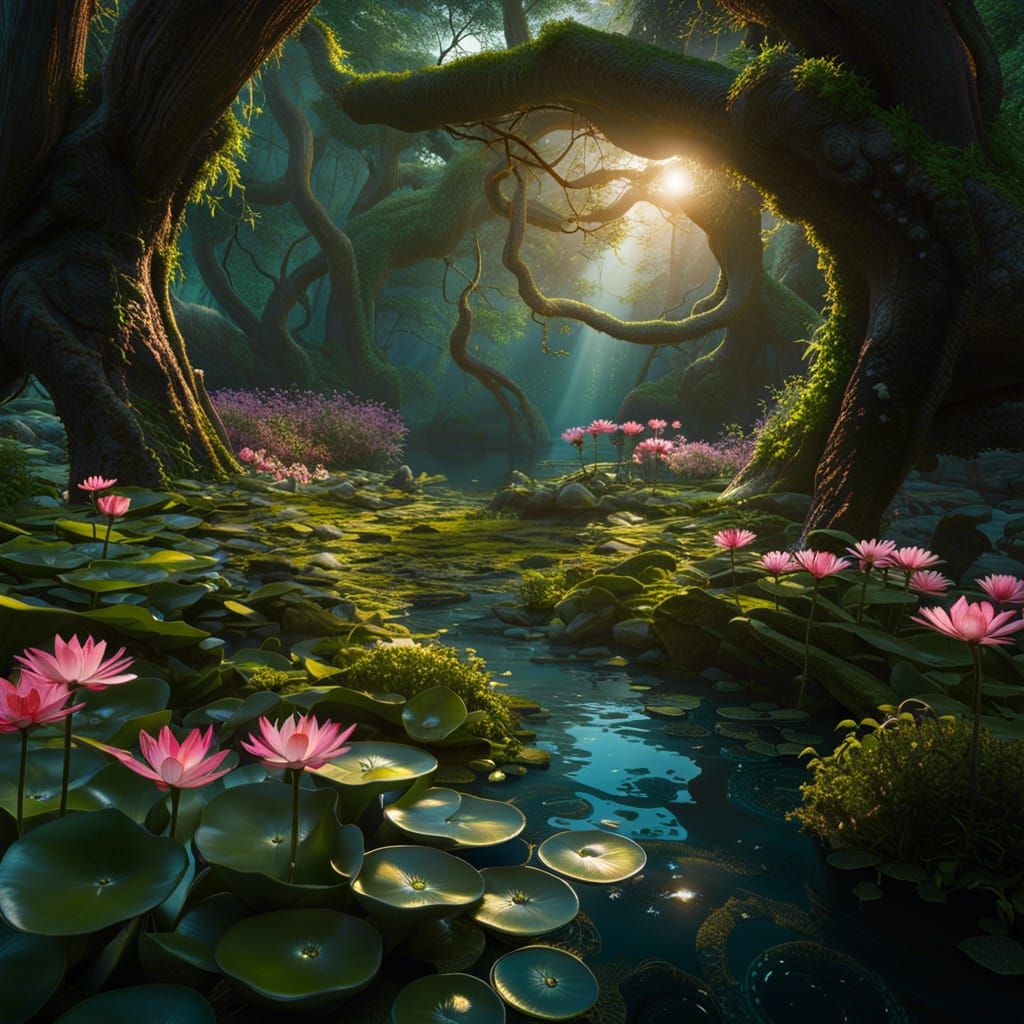 Enchanted Garden with Magical Waterfall and Starry Sky