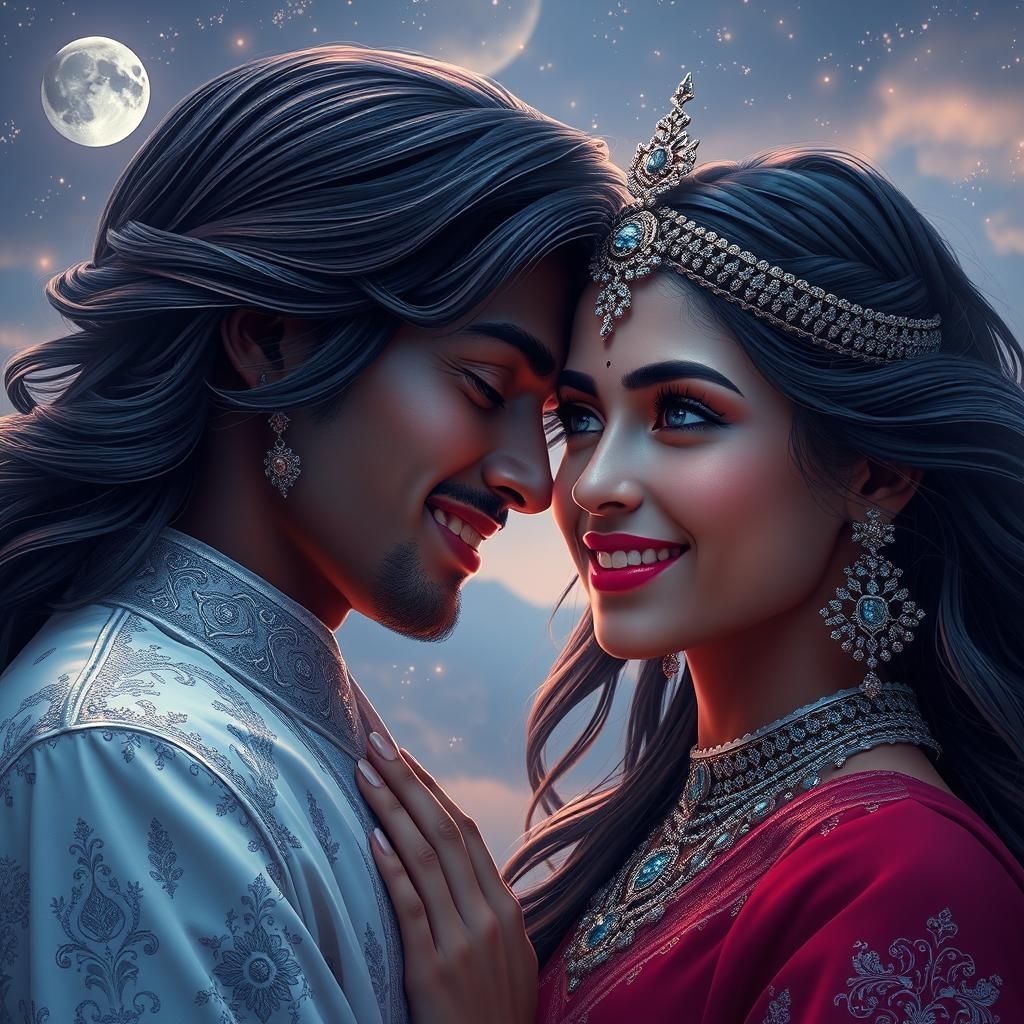 Romantic Indian Lovers in Moonlight, Digital Art
