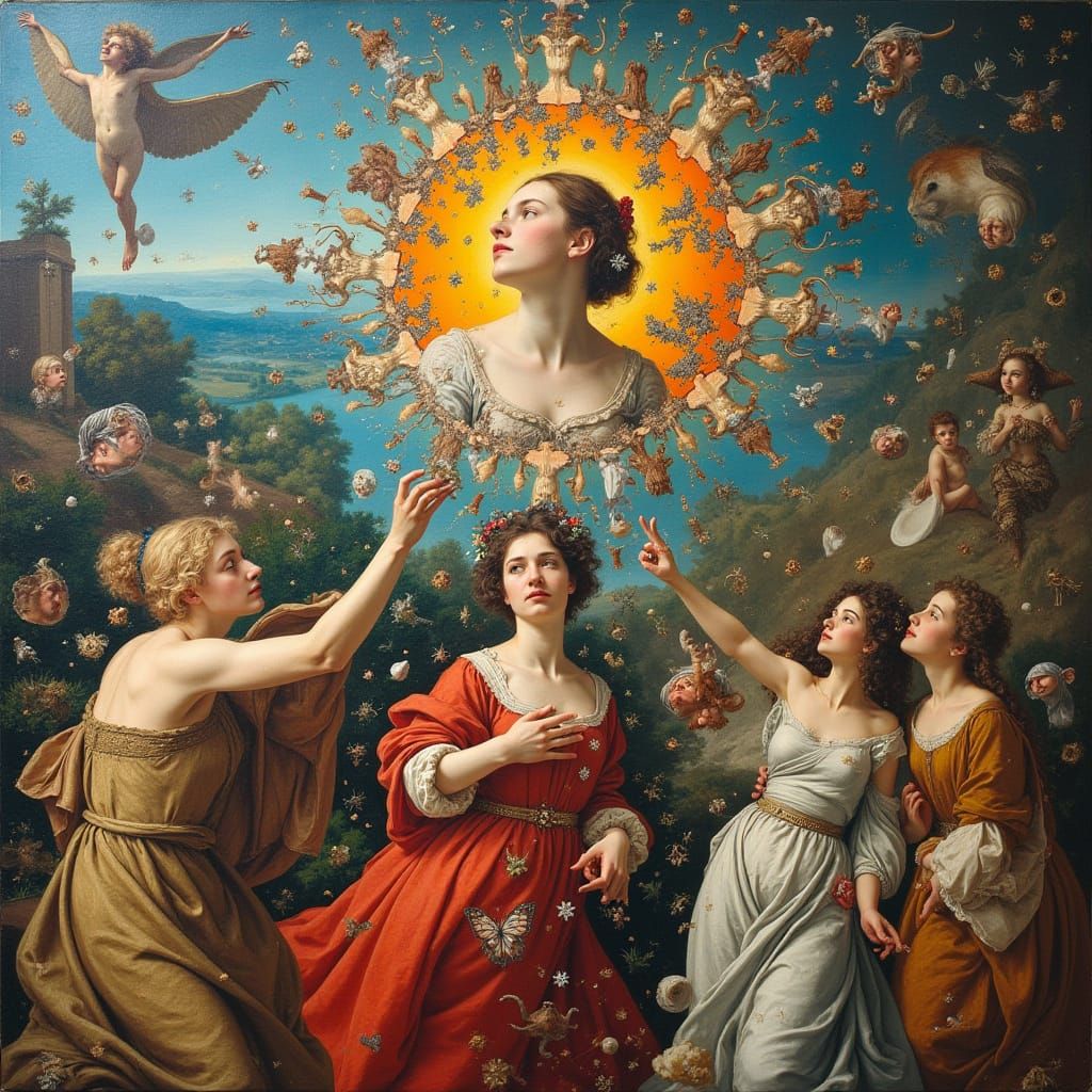 Surrealist Renaissance Masterpiece with Melting Oil on Canva...