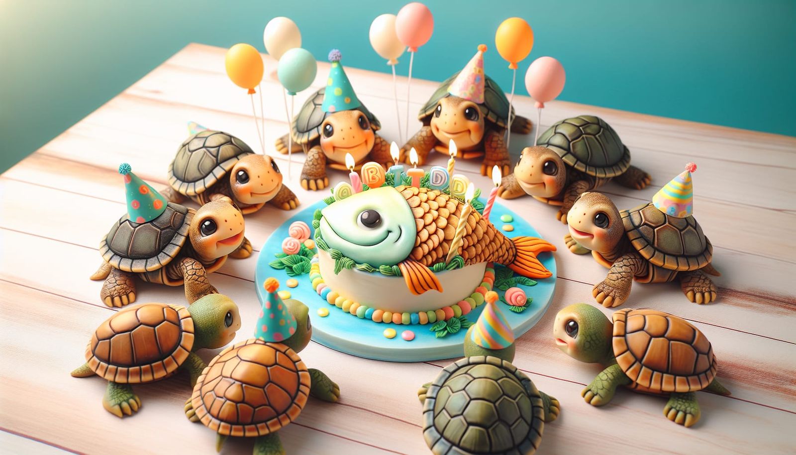 Turtles Celebrate a Birthday with Fish Cake