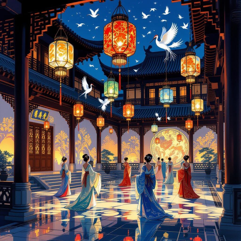 Dreamlike Palace Courtyard at Night in Art Nouveau Style