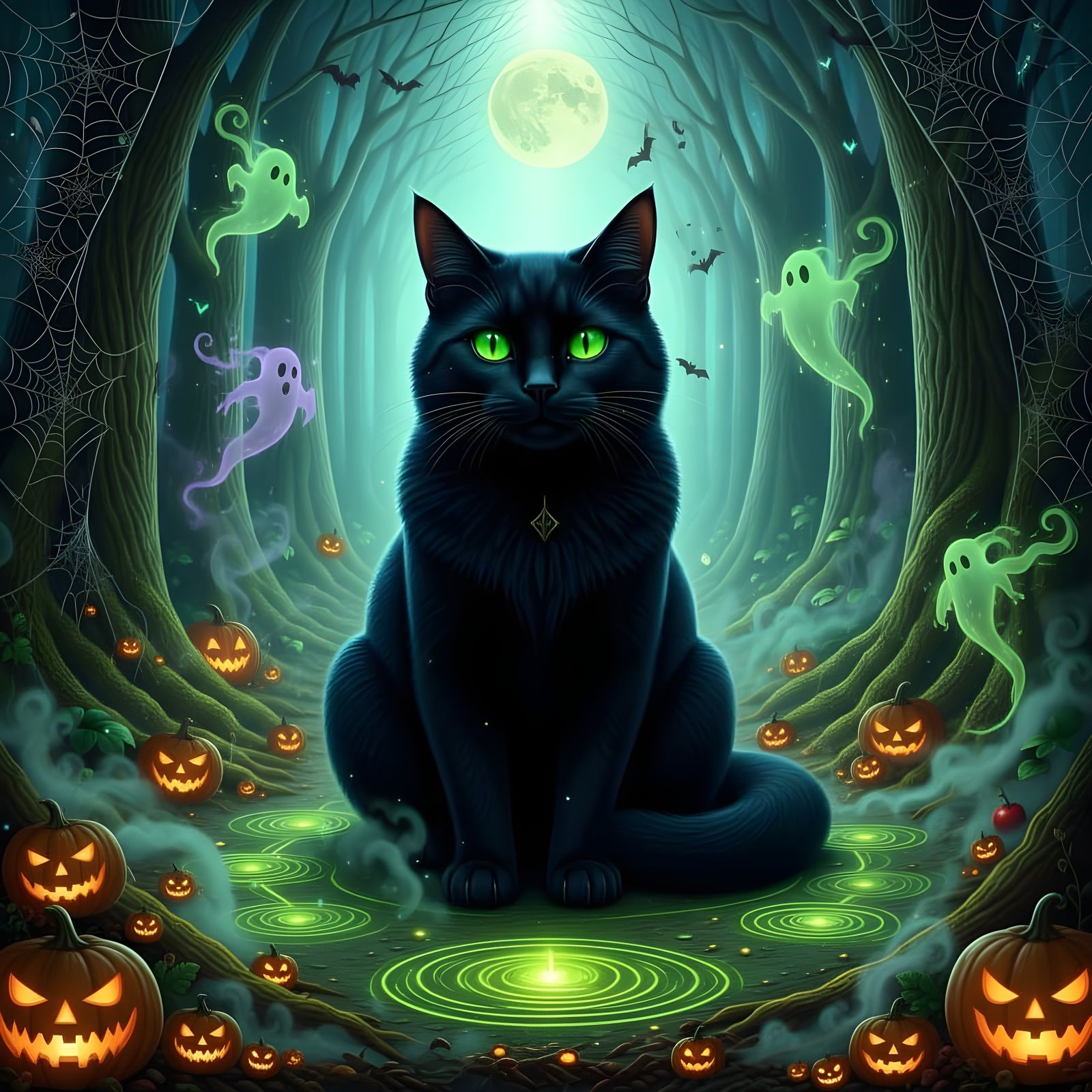 Mystical Black Cat with Luminous Green Eyes