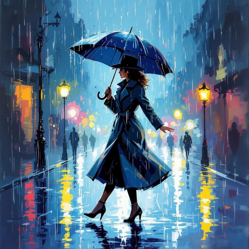 Woman Tap Dancing in Rainy, Expressionist Style