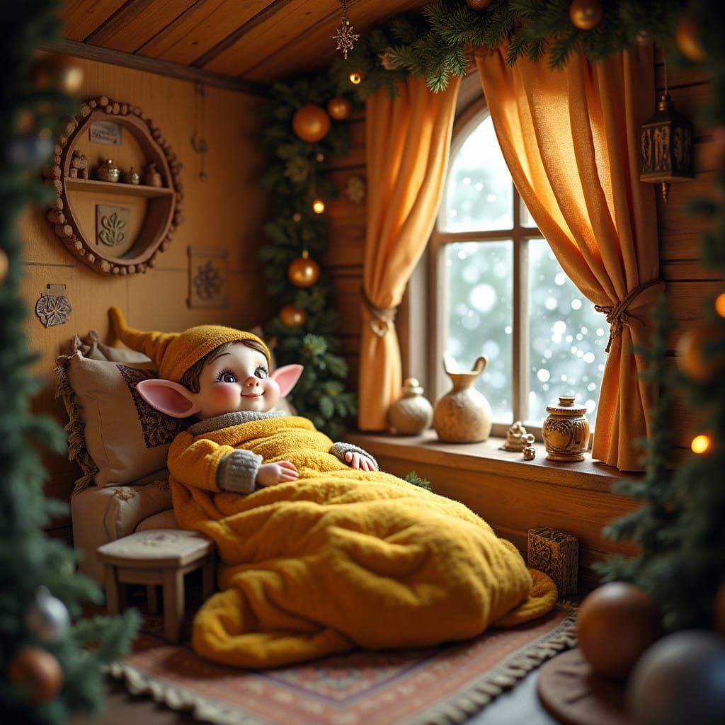 Whimsical Miniature Christmas Elf Room in Warm Wood Tones