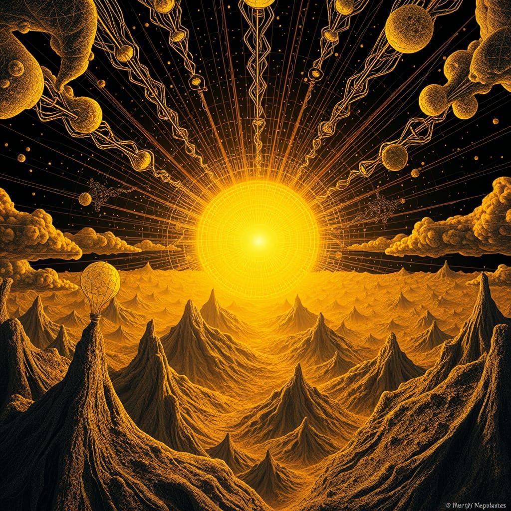 Endless Sun Illuminating Surreal Wireframe Landscape