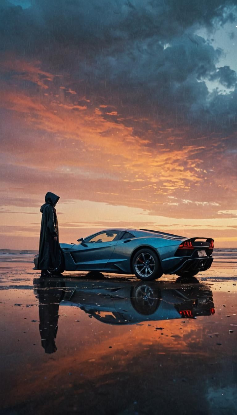Futuristic Car on Wet Beach at Sunset
