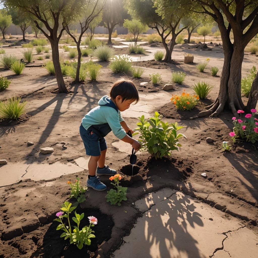 Anime Child Nurturing Life in Barren Garden