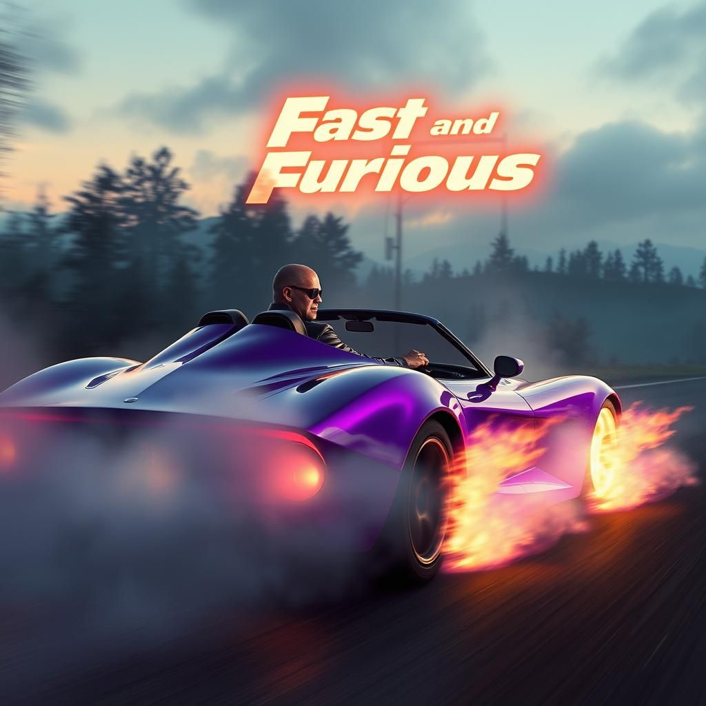 Dominic Toretto in Flaming Race Car at Dusk